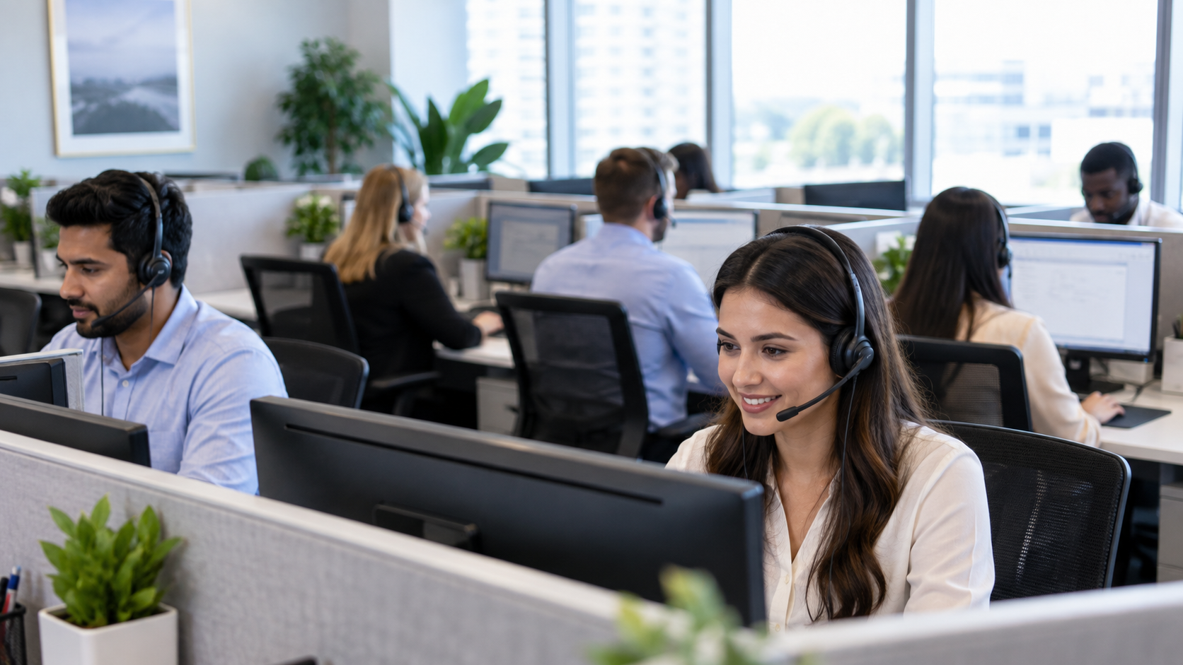 Call center team working at cubicle desks