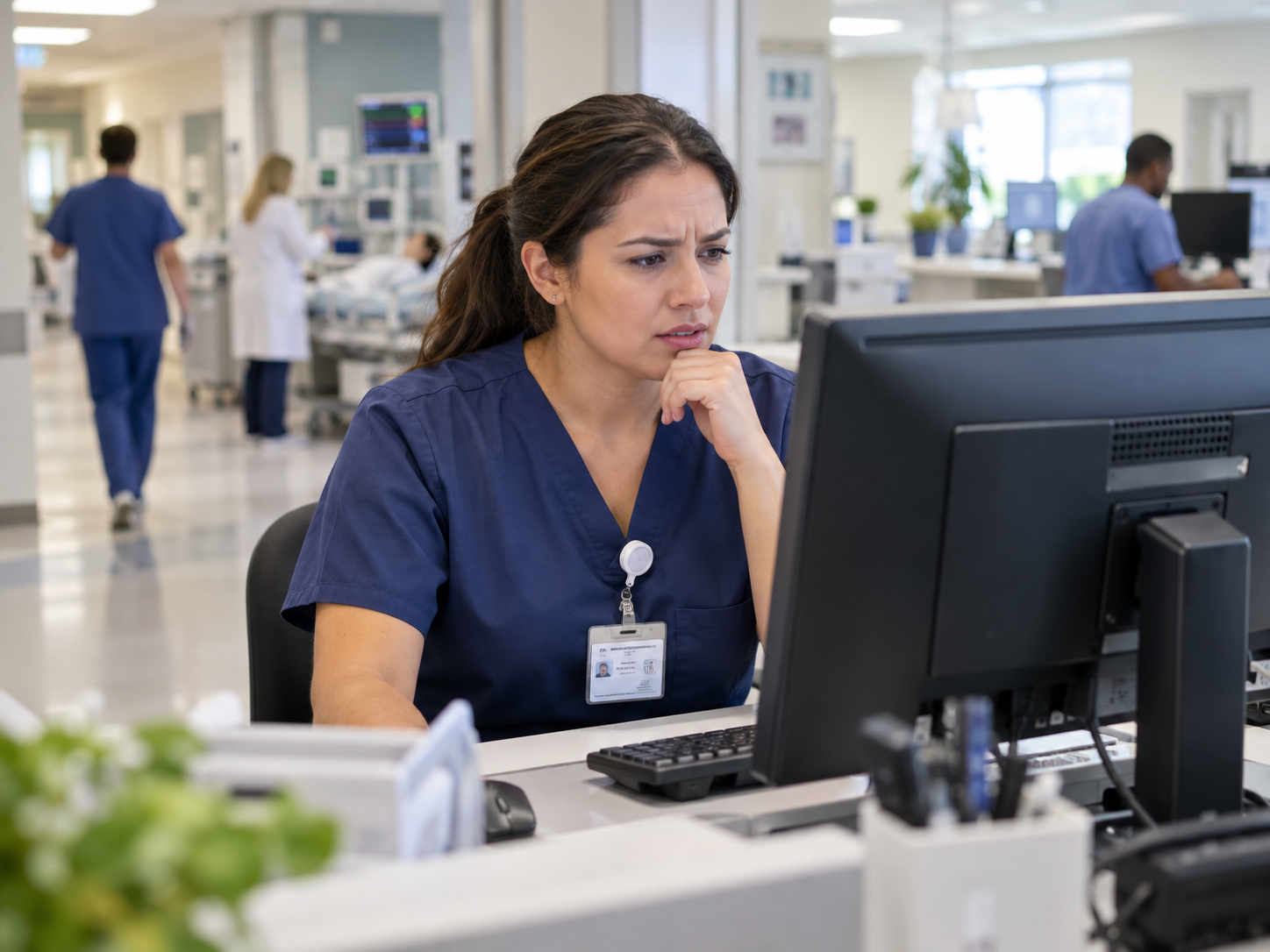 Busy hospital staff member having a computer problem at a workstation